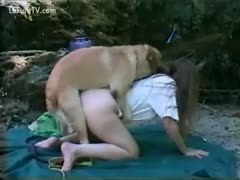 Horny golden haired legal age teenager got fucked by a dog outdoors